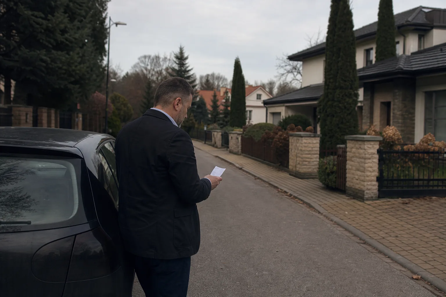 Detektyw w dzielnicy Swoszowice w Krakowie podczas spokojnego rozpoznania okolicy